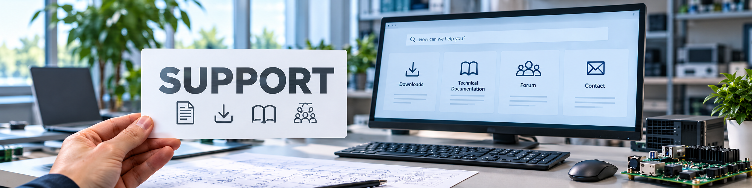 One hand is holding a card that reads “Support,” while in the background, a monitor displays the sections “Downloads,” “Technical Documentation,” “Forum,” and “Contact.”