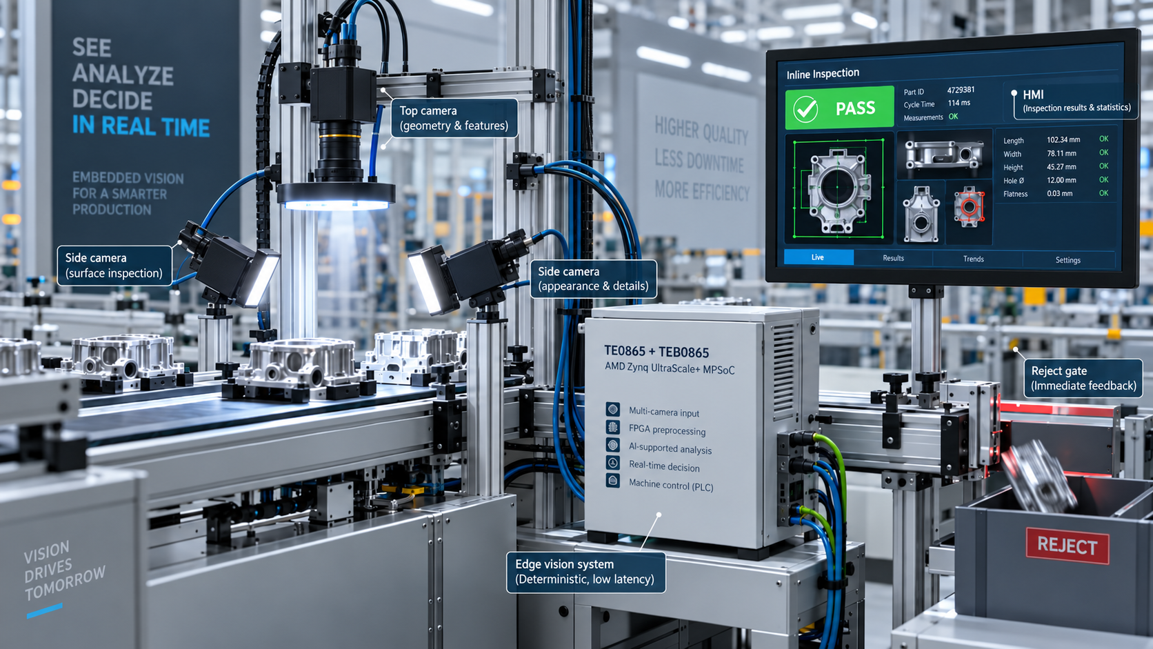 Industrielle Inline-Bildprüfung an einem Förderband mit mehreren Kameras und TE0865/TEB0865 für Echtzeit-Bildverarbeitung, KI-gestützte Analyse und Gut-/Schlecht-Entscheidung.