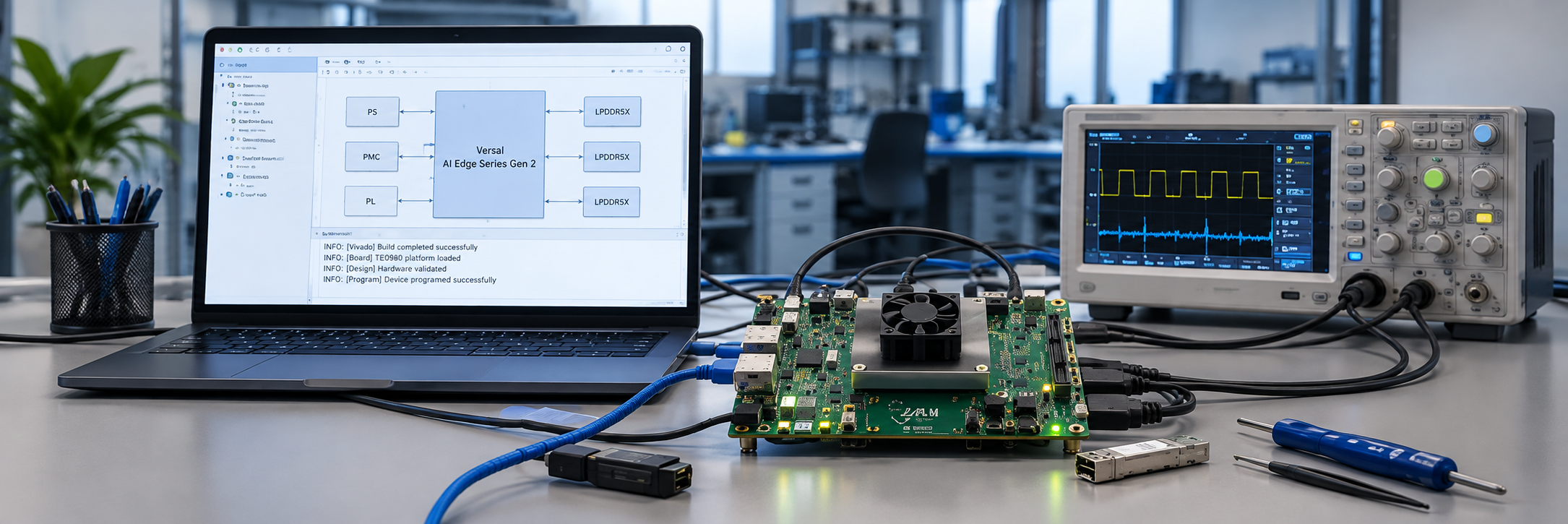 Development and test setup with an FPGA-SoC board, laptop, and oscilloscope for hardware validation.