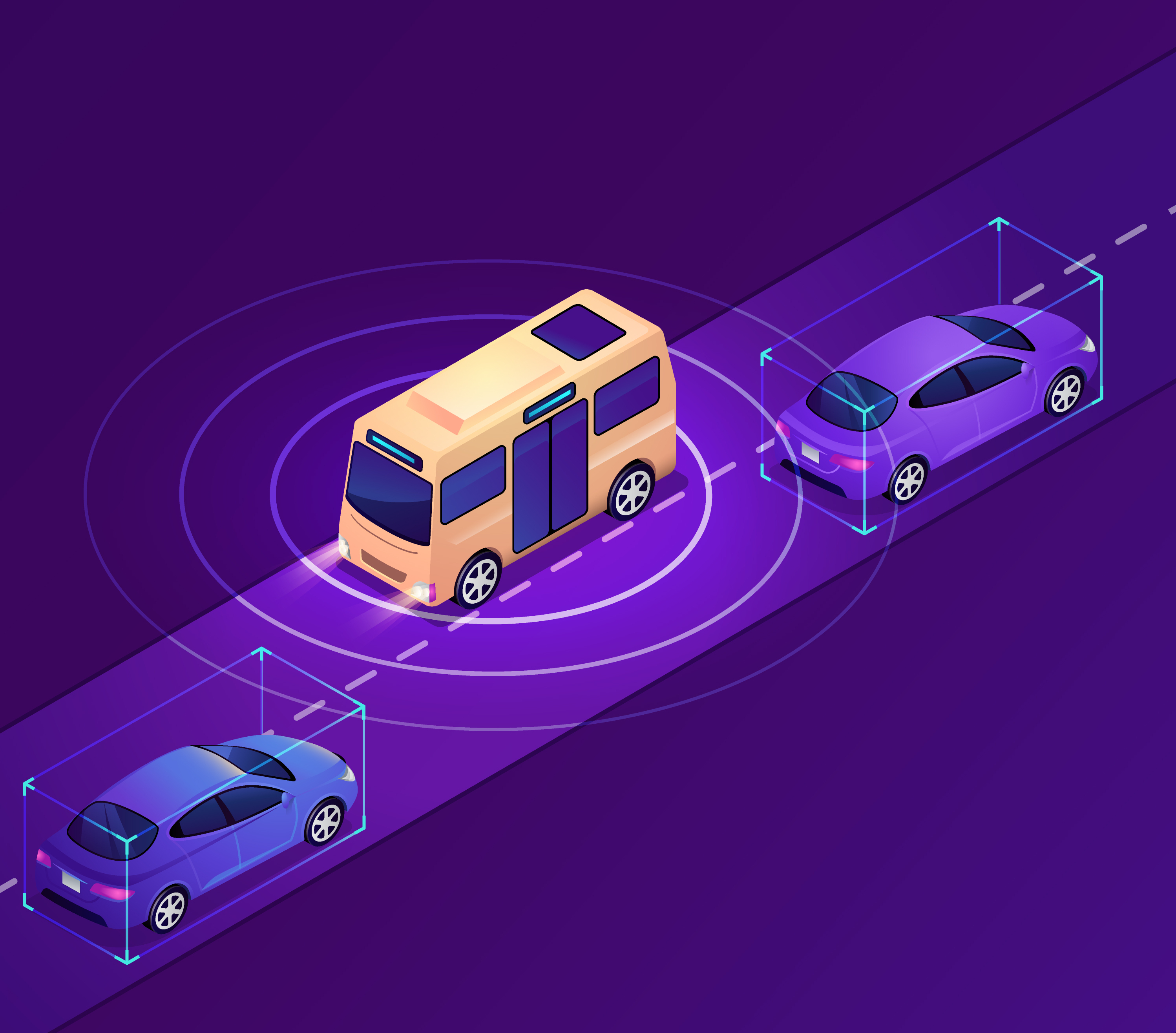 Illustration of a connected bus and two vehicles with visualized sensor and detection areas.