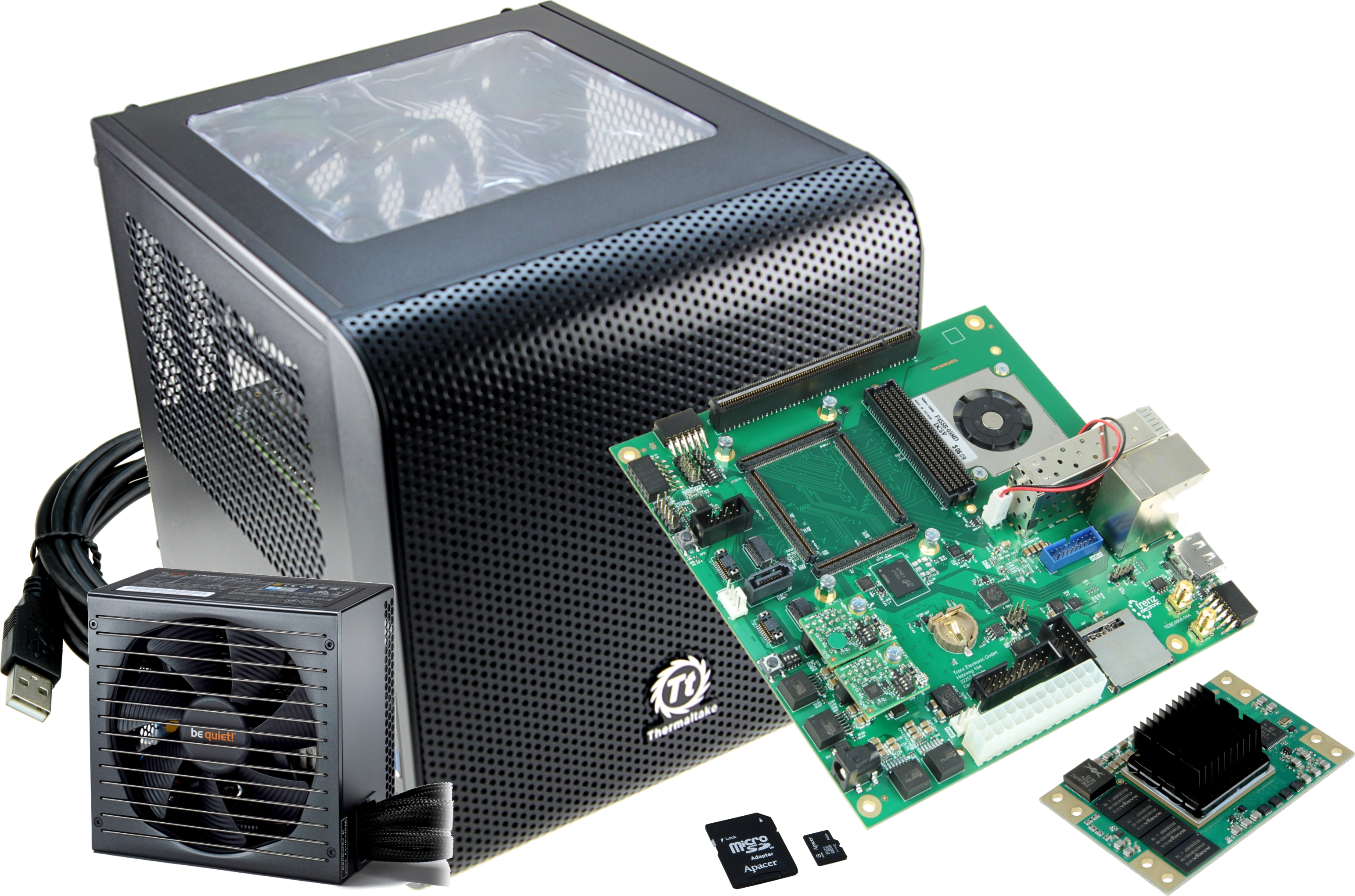 Starterkit 81x with FPGA or SoC board, expansion modules, enclosure, and accessories.