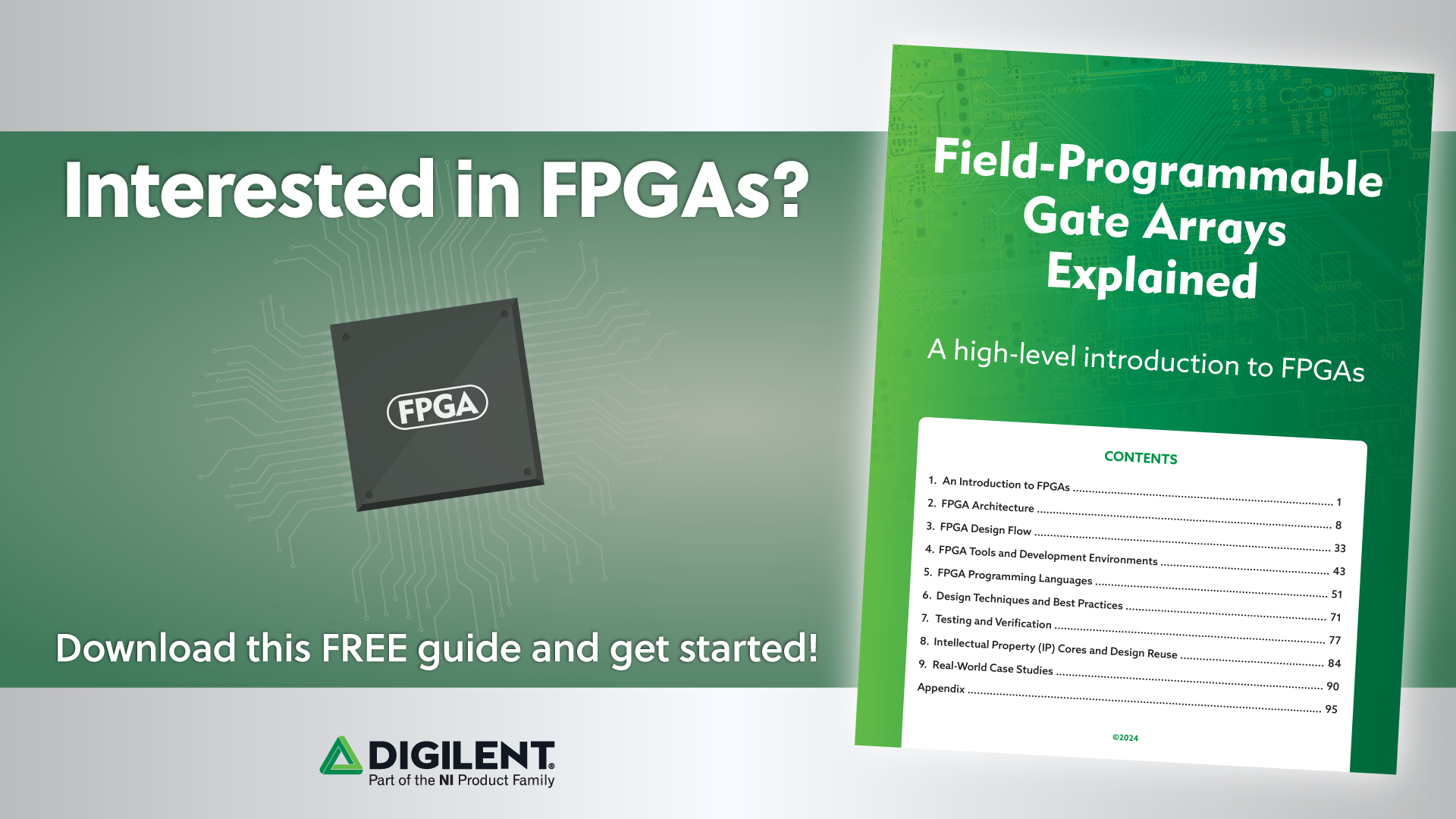 Digilent banner for the free FPGA handbook “Field-Programmable Gate Arrays Explained” featuring an FPGA chip and the guide cover.