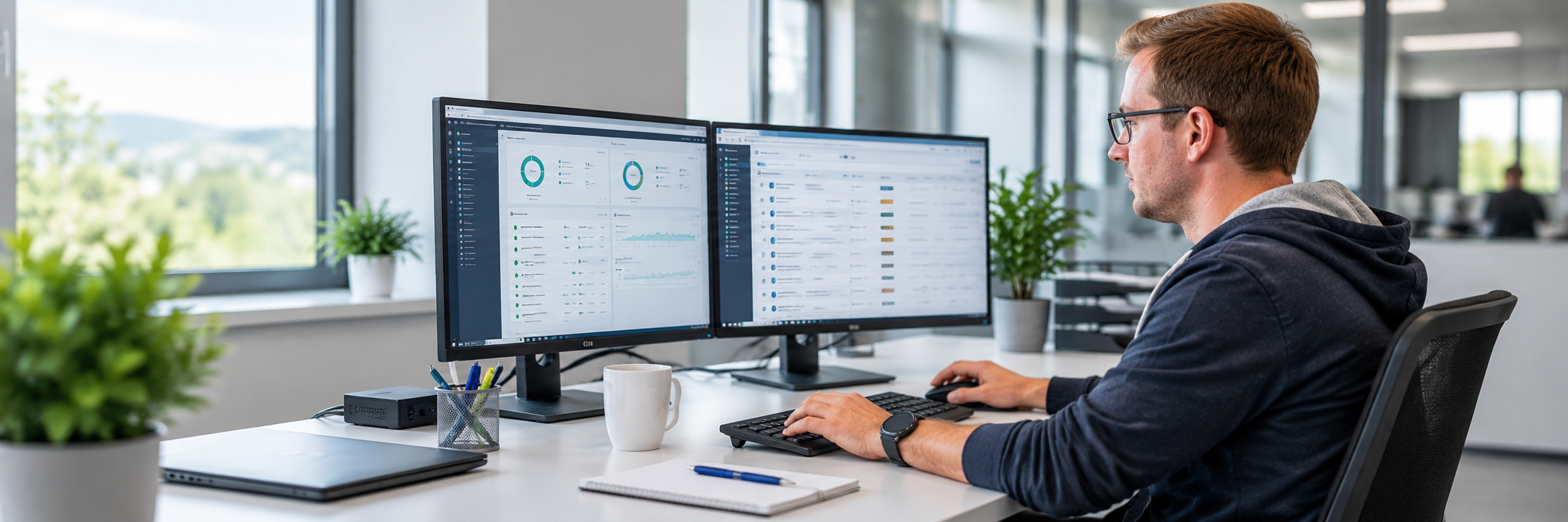 IT administrator at a modern workstation with two monitors for monitoring and managing IT systems and infrastructure.