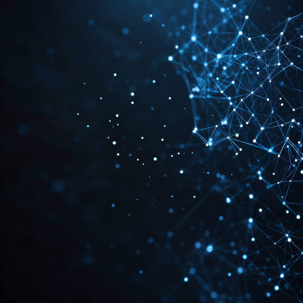 Abstract digital network of glowing points and connecting lines on a dark blue background.