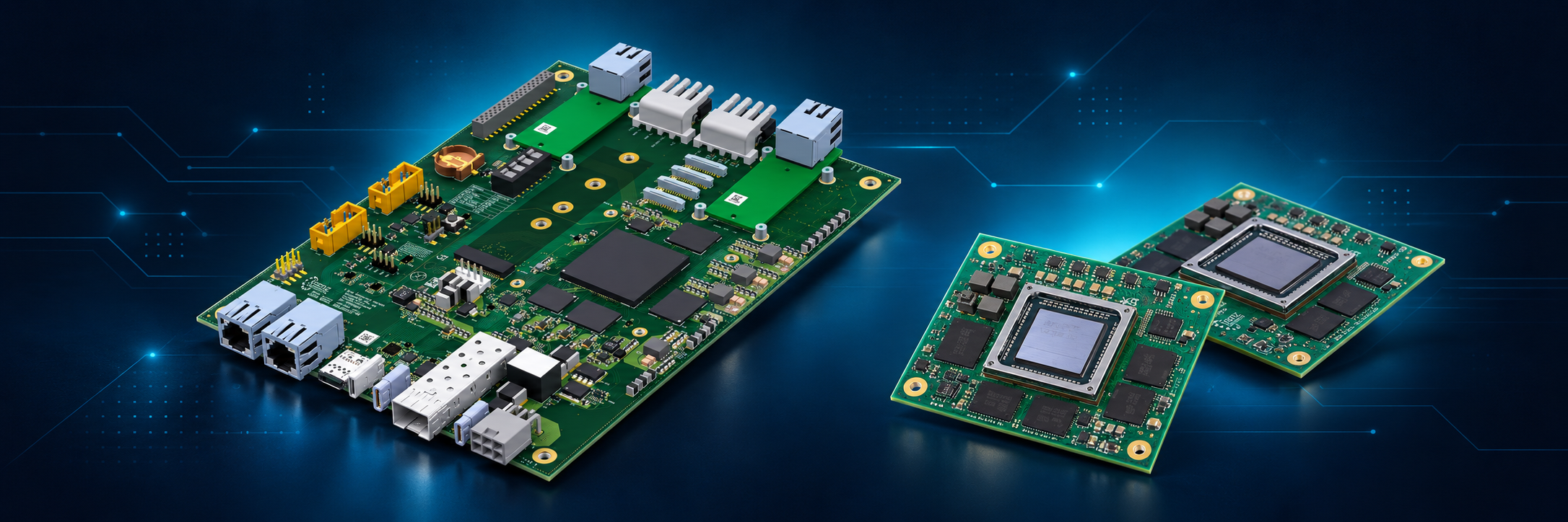 TE0960 Evaluierungsplattform und zwei TE0965 System-on-Modules mit AMD Versal AI Edge Gen 2 auf technischem blauem Hintergrund.