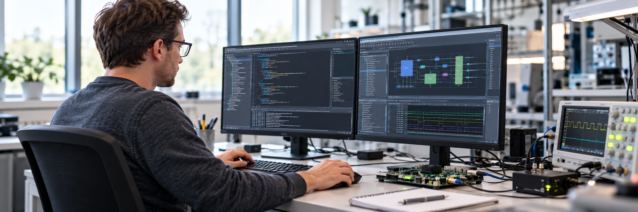 FPGA- und Embedded-Entwickler an einem Arbeitsplatz mit Quellcode, Blockdiagrammen, Signalanalyse, Entwicklungsboard und Oszilloskop