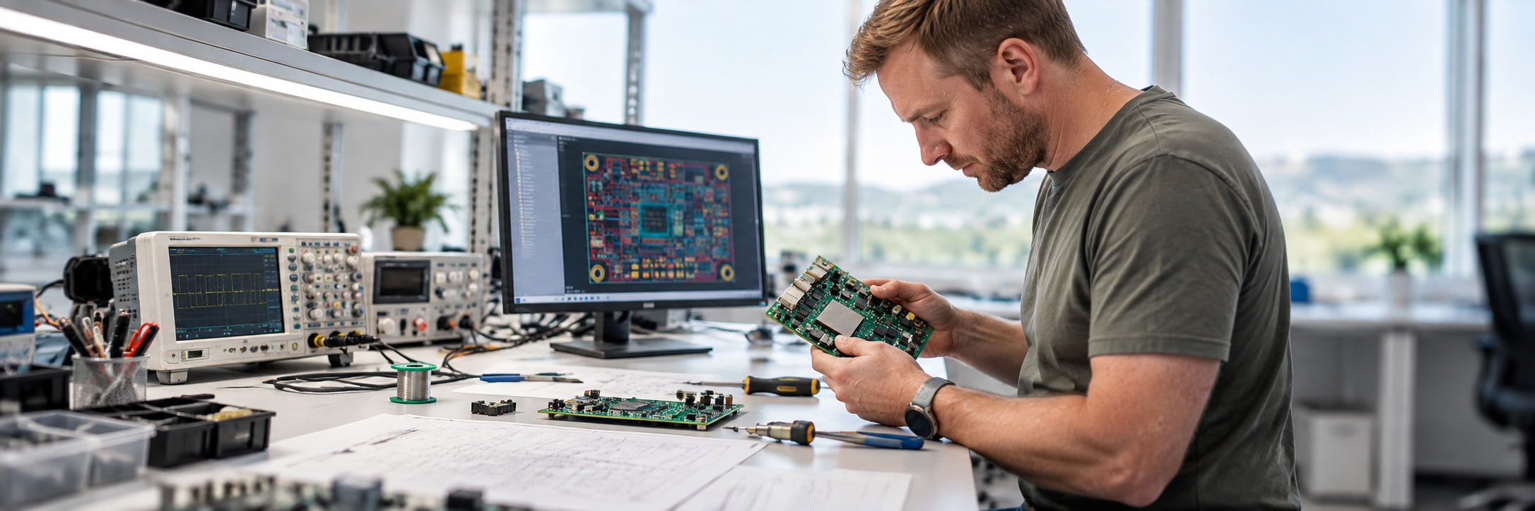 Hardware engineer testing an electronic circuit board with measurement equipment and PCB layout in a development environment.