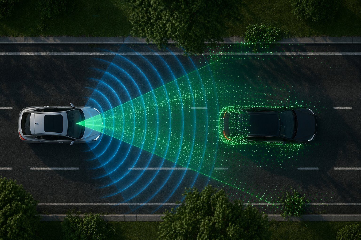 Two vehicles on a road with visualized LiDAR and sensor detection areas.