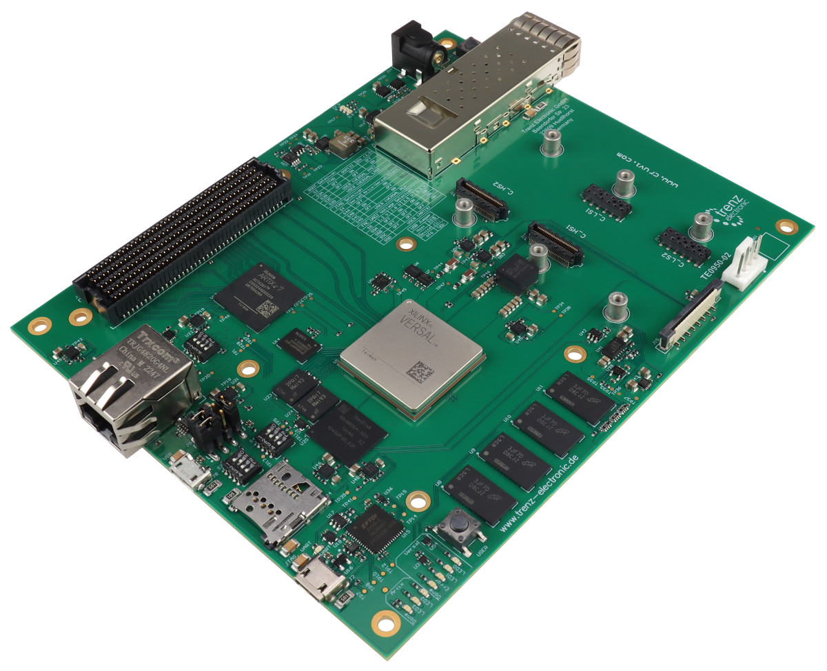 TE0950-02-EGBE21A FPGA and SoC board from Trenz Electronic shown in an angled product view.