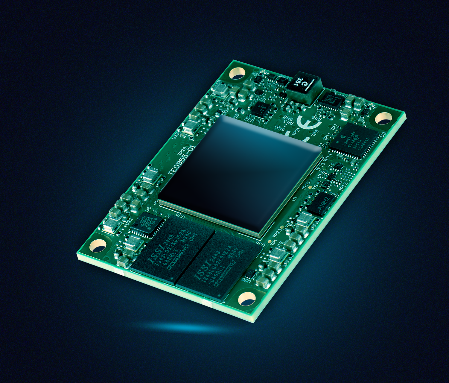 FPGA- und SoC-Modul von Trenz Electronic auf dunklem Hintergrund.
