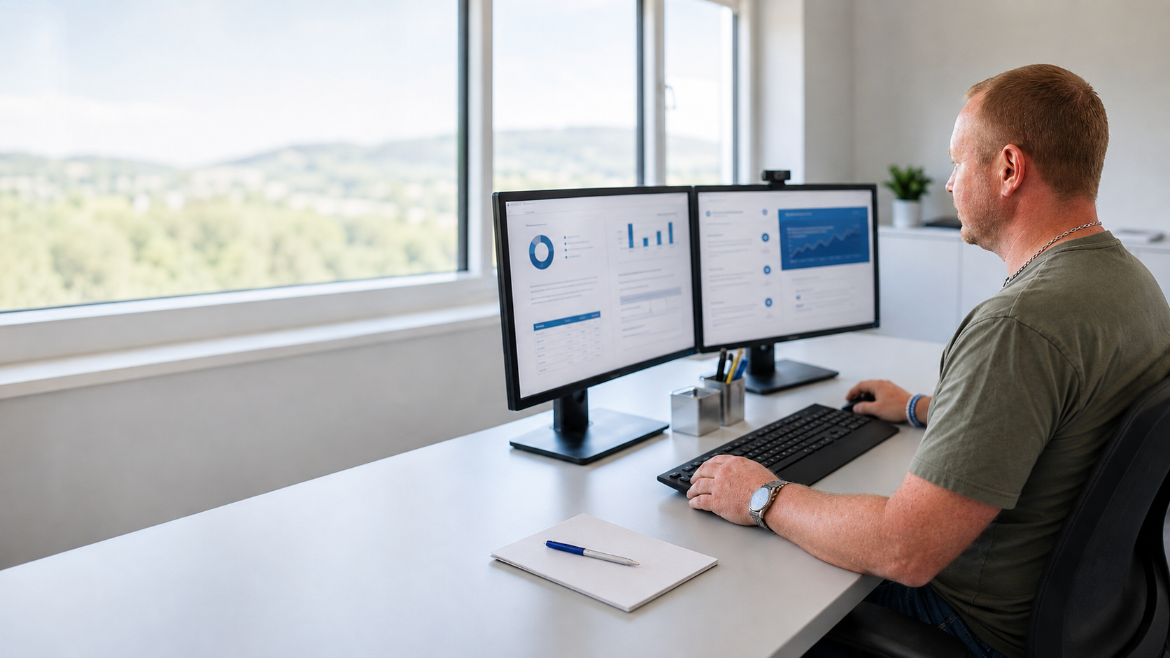 Mitarbeiter an einem Arbeitsplatz mit zwei Monitoren und Compliance-Datenanalysen