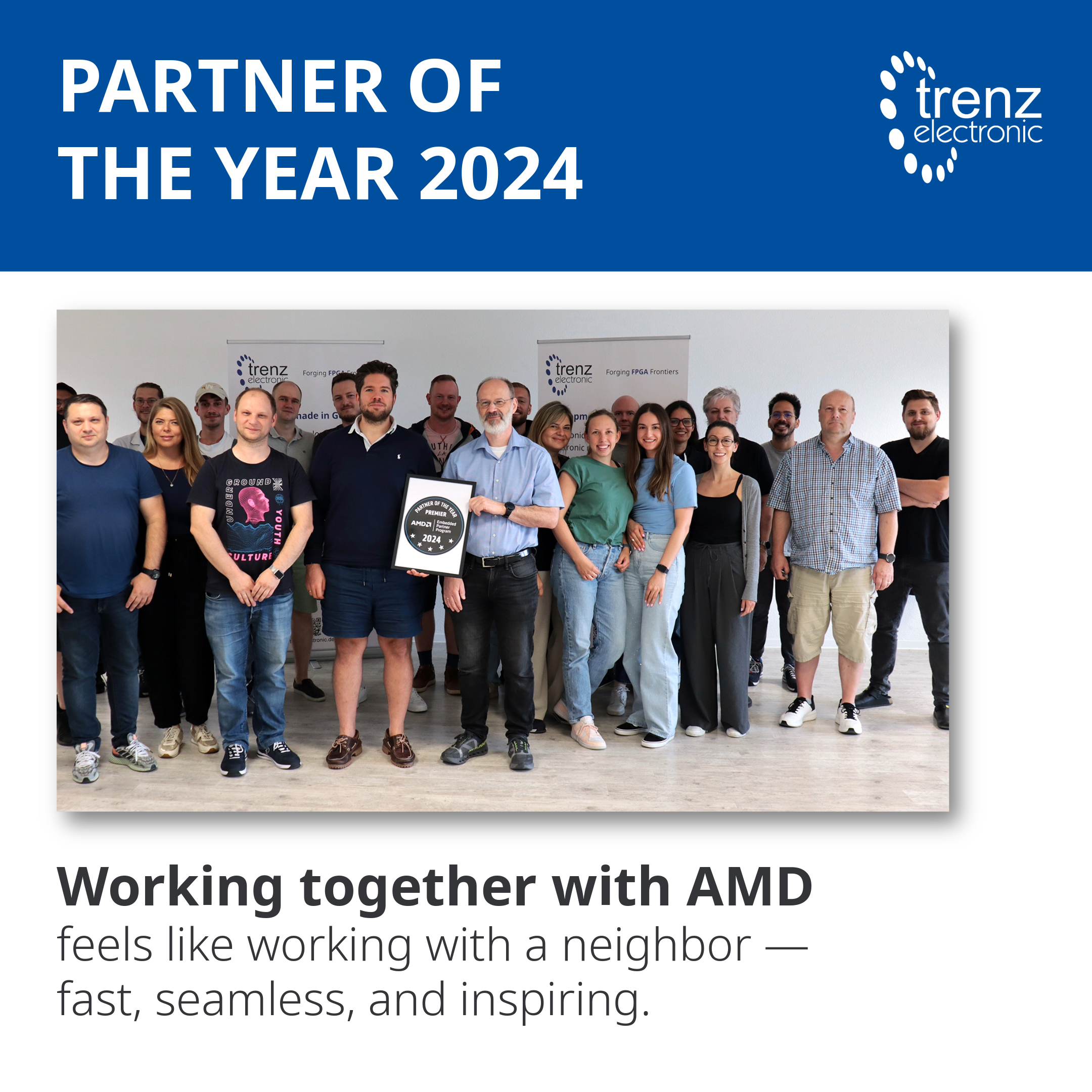 Team von Trenz Electronic mit der Auszeichnung AMD Partner of the Year 2024.