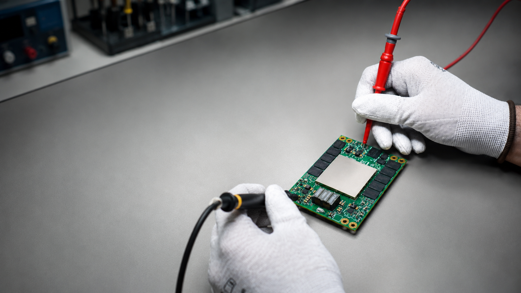 Electronic assembly being tested with probes at a workbench.