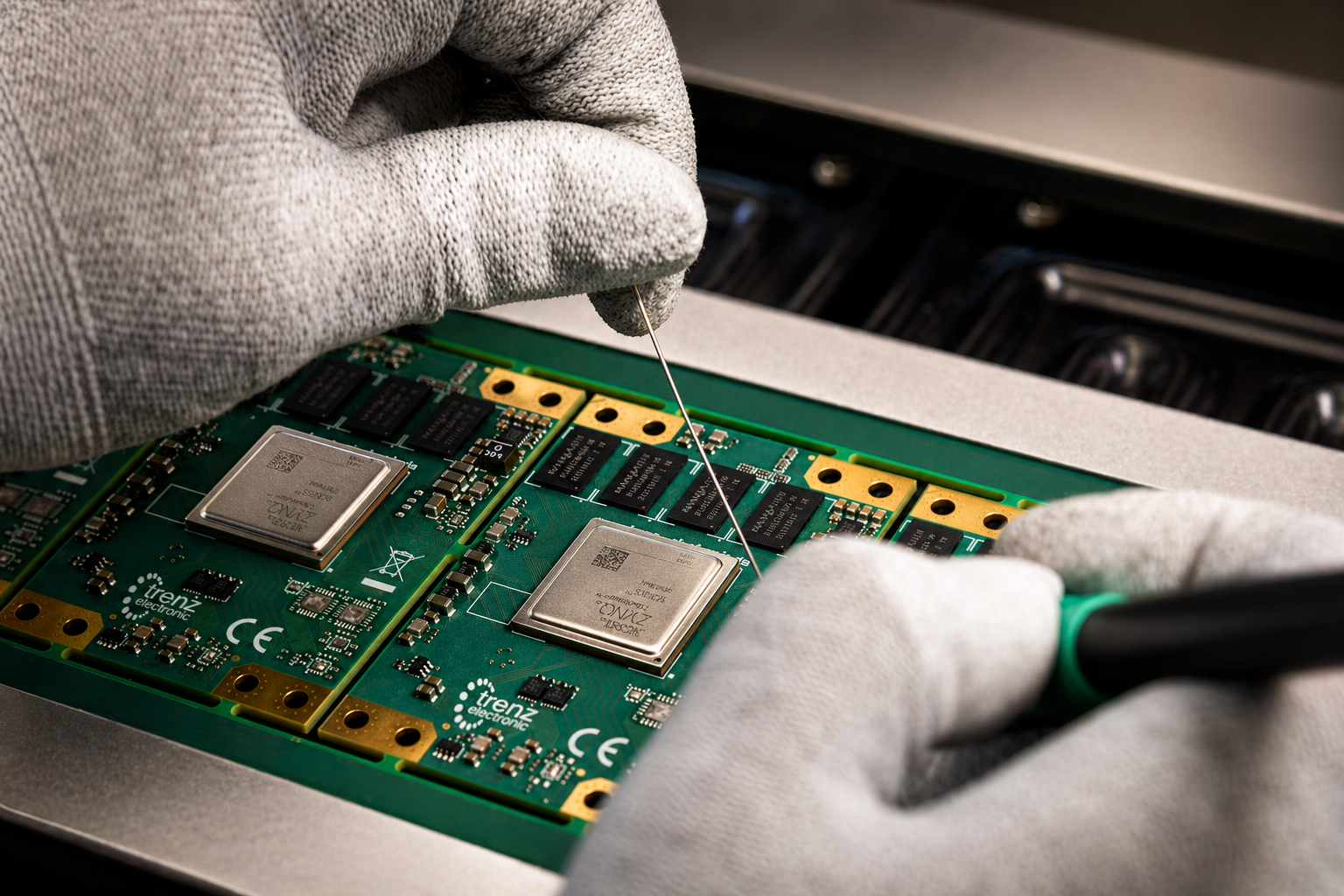 Gloved hands soldering SMD components on a Trenz Electronic circuit board.