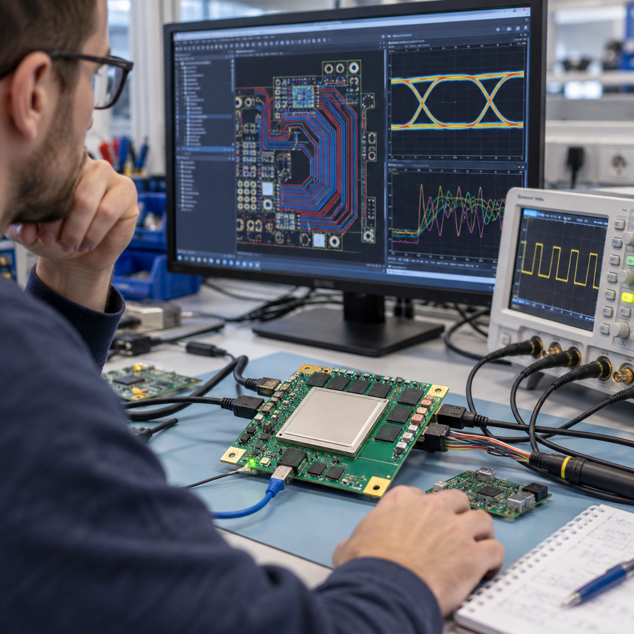 Entwickler analysiert eine FPGA-Baugruppe mit Messgeräten und Darstellungen von Leiterplattenlayout und Signalverläufen.