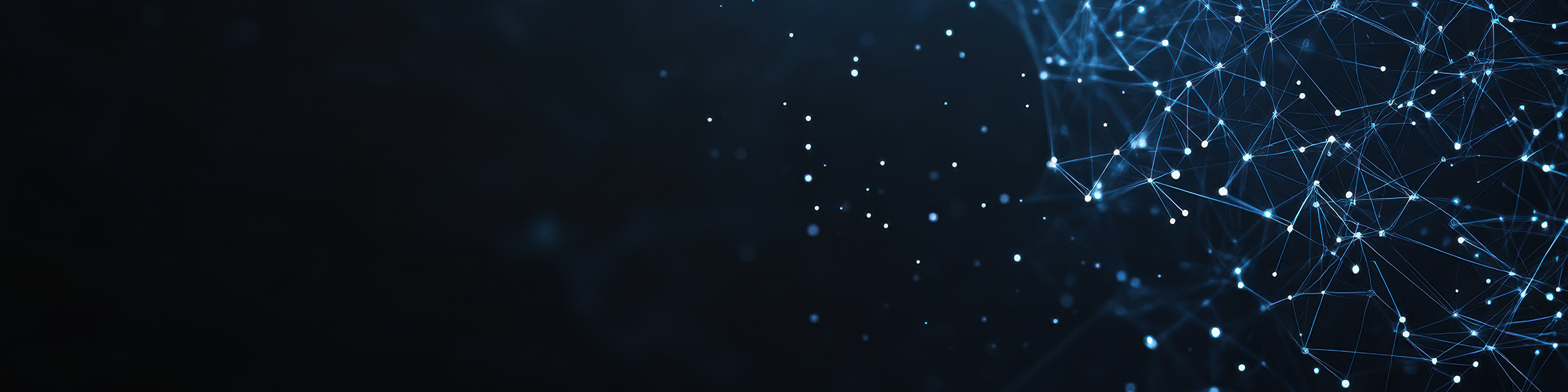 Abstract digital network of glowing points and connecting lines on a dark blue background.