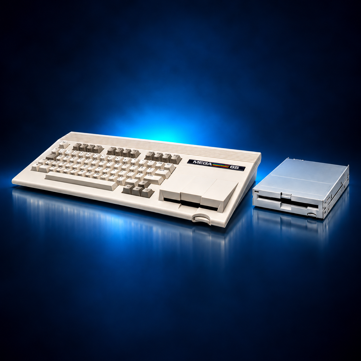 MEGA65 Computer mit passendem 3,5-Zoll-Diskettenlaufwerk auf dunkelblauem Hintergrund.