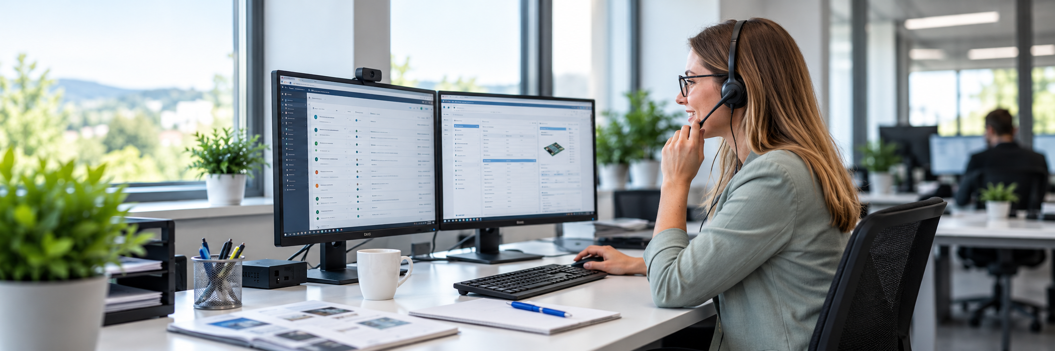 Inside sales employee providing customer support at a workstation with headset and dual monitors