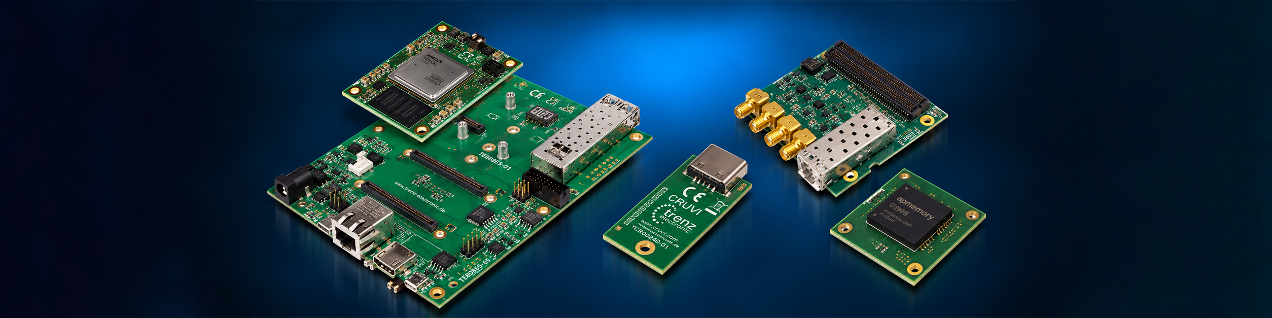Header image of the product overview featuring selected FPGA and SoC modules, a carrier board, and an expansion board from Trenz Electronic on a blue background.